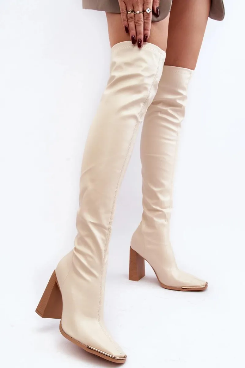 Outlet Damskie Kozaki Za kolano Na Słupku Ekoskóra Beżowe Orcella Damskie Muszkieterki|Kozaki Za Kolano