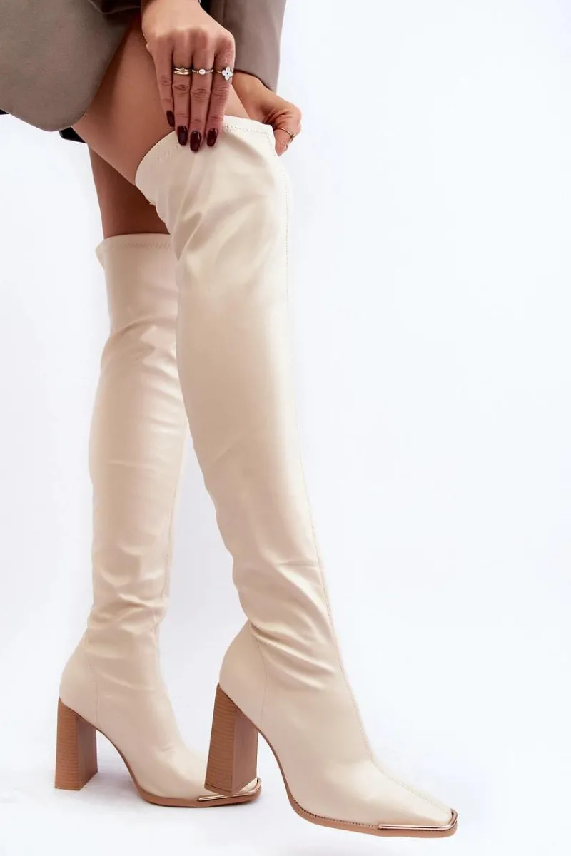 Outlet Damskie Kozaki Za kolano Na Słupku Ekoskóra Beżowe Orcella Damskie Muszkieterki|Kozaki Za Kolano