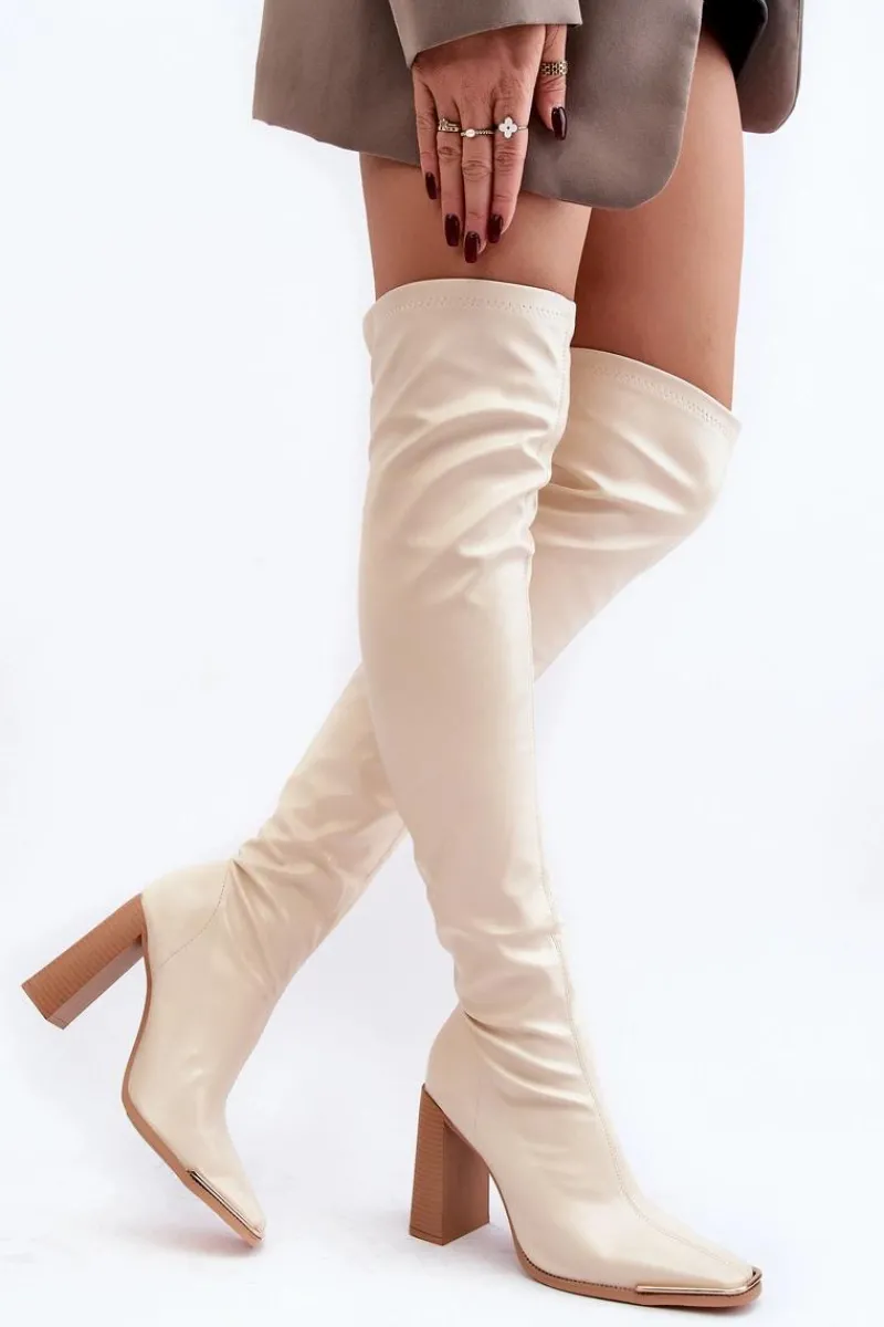 Outlet Damskie Kozaki Za kolano Na Słupku Ekoskóra Beżowe Orcella Damskie Muszkieterki|Kozaki Za Kolano