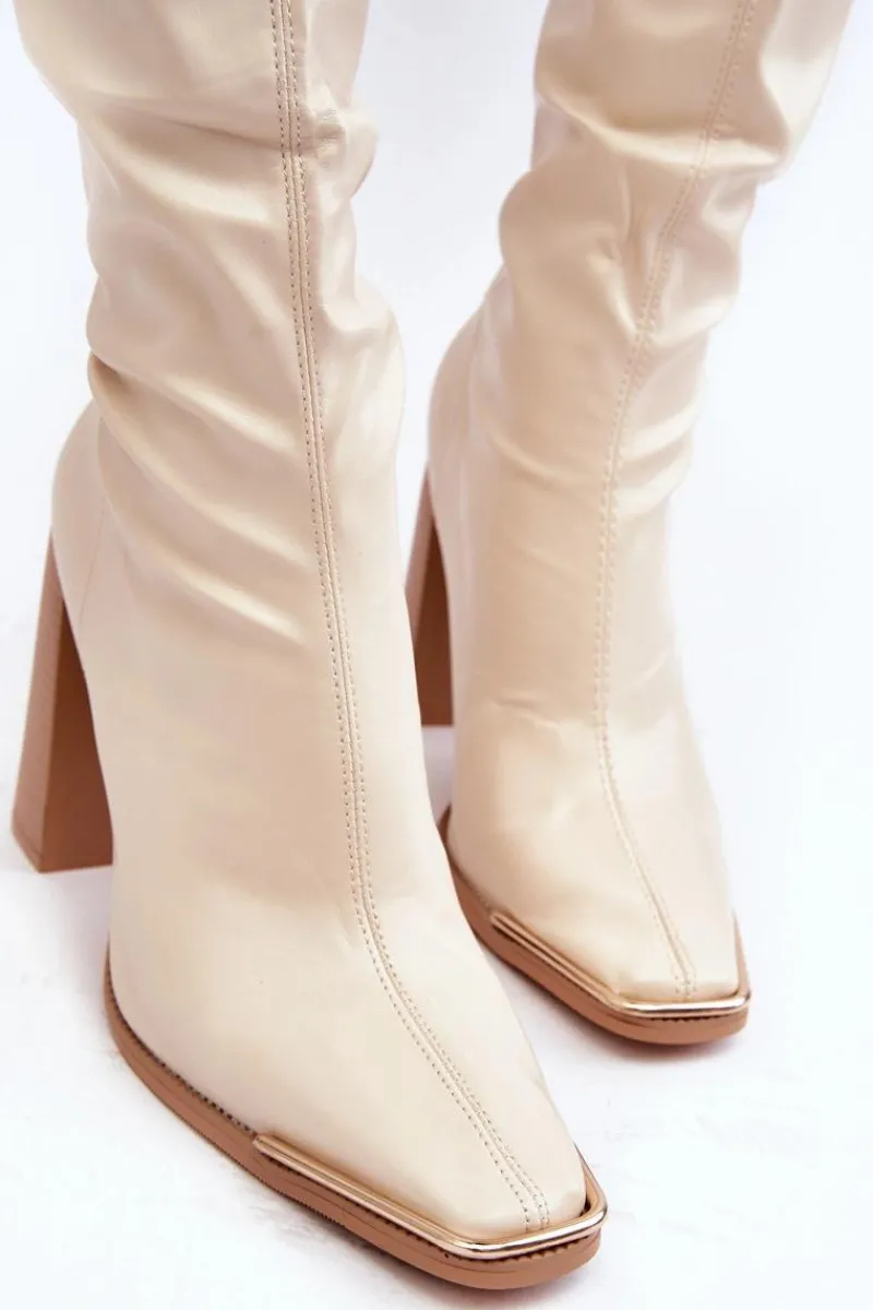 Outlet Damskie Kozaki Za kolano Na Słupku Ekoskóra Beżowe Orcella Damskie Muszkieterki|Kozaki Za Kolano