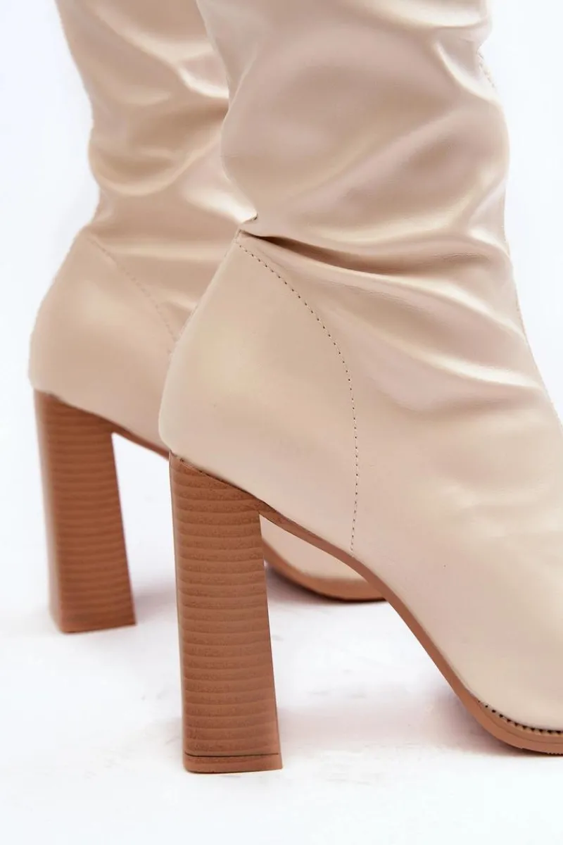 Outlet Damskie Kozaki Za kolano Na Słupku Ekoskóra Beżowe Orcella Damskie Muszkieterki|Kozaki Za Kolano