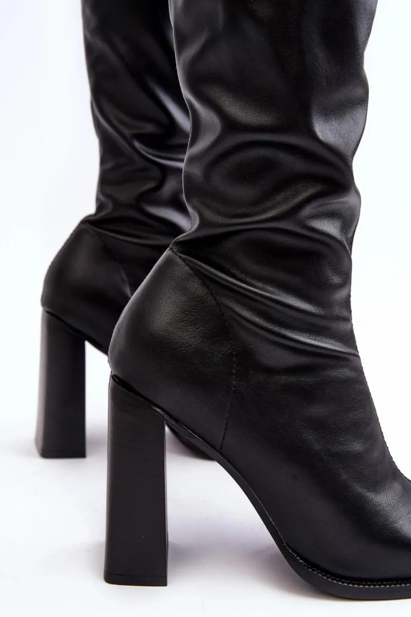 Clearance Boto Damskie Kozaki Za kolano Na Słupku Ekoskóra Czarne Orcella