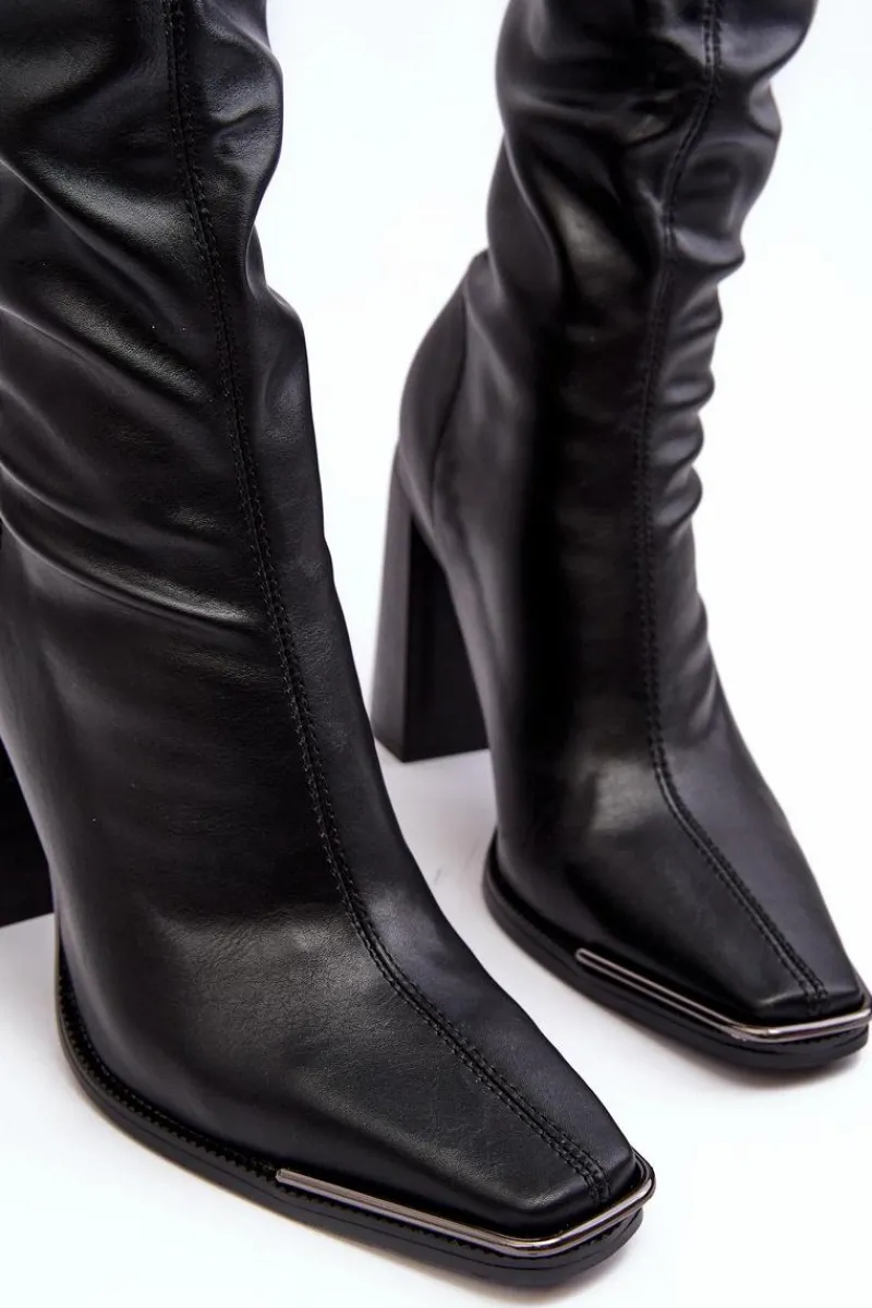 Clearance Boto Damskie Kozaki Za kolano Na Słupku Ekoskóra Czarne Orcella