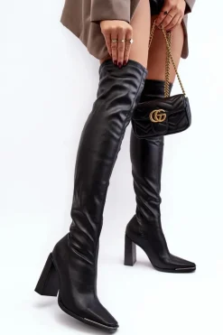 Clearance Boto Damskie Kozaki Za kolano Na Słupku Ekoskóra Czarne Orcella