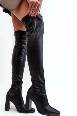 Clearance Boto Damskie Kozaki Za kolano Na Słupku Ekoskóra Czarne Orcella