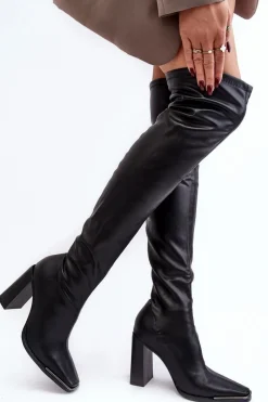 Clearance Boto Damskie Kozaki Za kolano Na Słupku Ekoskóra Czarne Orcella