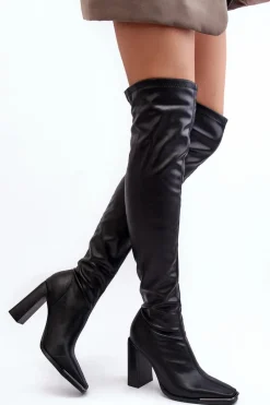 Clearance Boto Damskie Kozaki Za kolano Na Słupku Ekoskóra Czarne Orcella