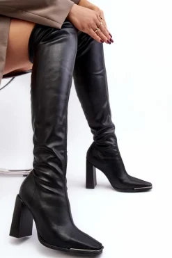 Clearance Boto Damskie Kozaki Za kolano Na Słupku Ekoskóra Czarne Orcella