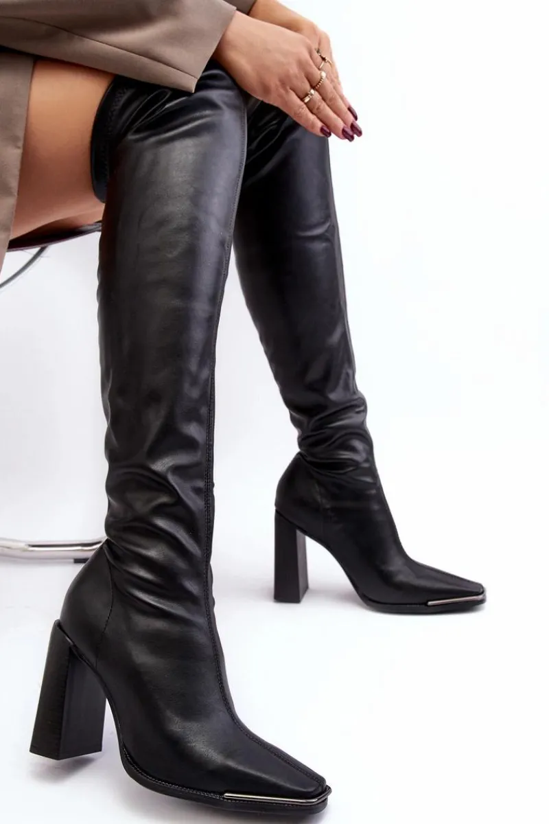 Clearance Boto Damskie Kozaki Za kolano Na Słupku Ekoskóra Czarne Orcella