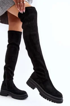 Muszkieterki|Kozaki Za Kolano></noscript>Evento Damskie Kozaki Za Kolano Na Płaskim Obcasie Czarne Silune