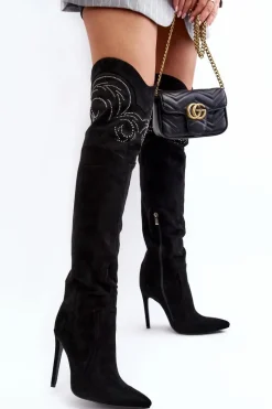 Kozaki Ocieplane|Muszkieterki></noscript>Boto Damskie Kozaki Za Kolano Na Szpilce Czarne Vessy
