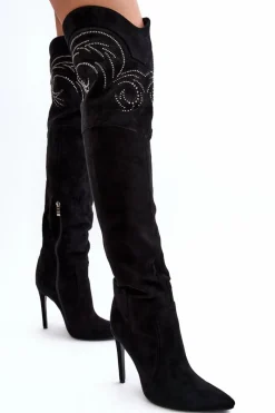 Kozaki Ocieplane|Muszkieterki></noscript>Boto Damskie Kozaki Za Kolano Na Szpilce Czarne Vessy
