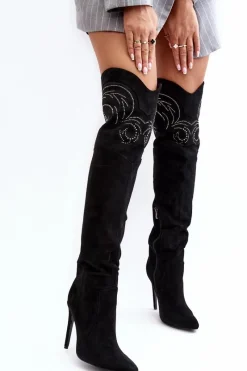 Kozaki Ocieplane|Muszkieterki></noscript>Boto Damskie Kozaki Za Kolano Na Szpilce Czarne Vessy