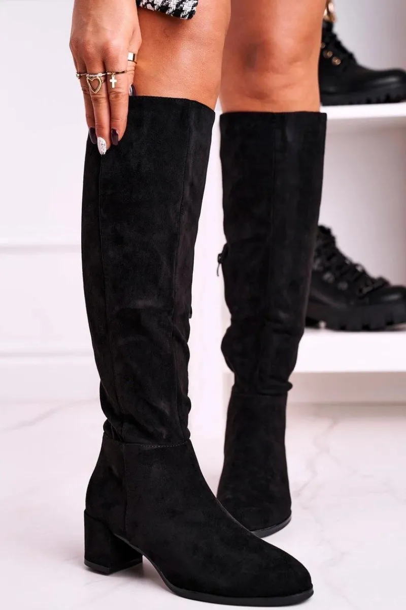 Clearance Damskie kozaki zamszowe Sergio Leone czarne KZ273 Damskie Kozaki Na Obcasie|Kozaki Zamszowe