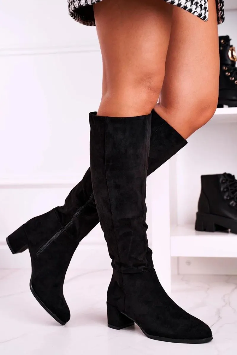 Clearance Damskie kozaki zamszowe Sergio Leone czarne KZ273 Damskie Kozaki Na Obcasie|Kozaki Zamszowe