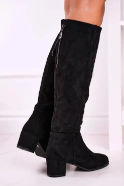 Clearance Damskie kozaki zamszowe Sergio Leone czarne KZ273 Damskie Kozaki Na Obcasie|Kozaki Zamszowe