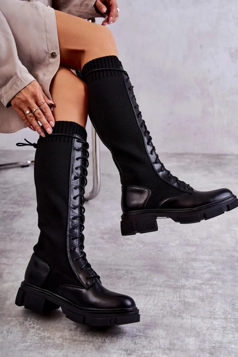 Online Damskie Kozaki Ze Skarpetą Na Płaskim Obcasie Czarne Verano Damskie Kozaki Wiosenne|Kozaki Płaskie