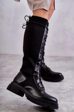 Online Damskie Kozaki Ze Skarpetą Na Płaskim Obcasie Czarne Verano Damskie Kozaki Wiosenne|Kozaki Płaskie