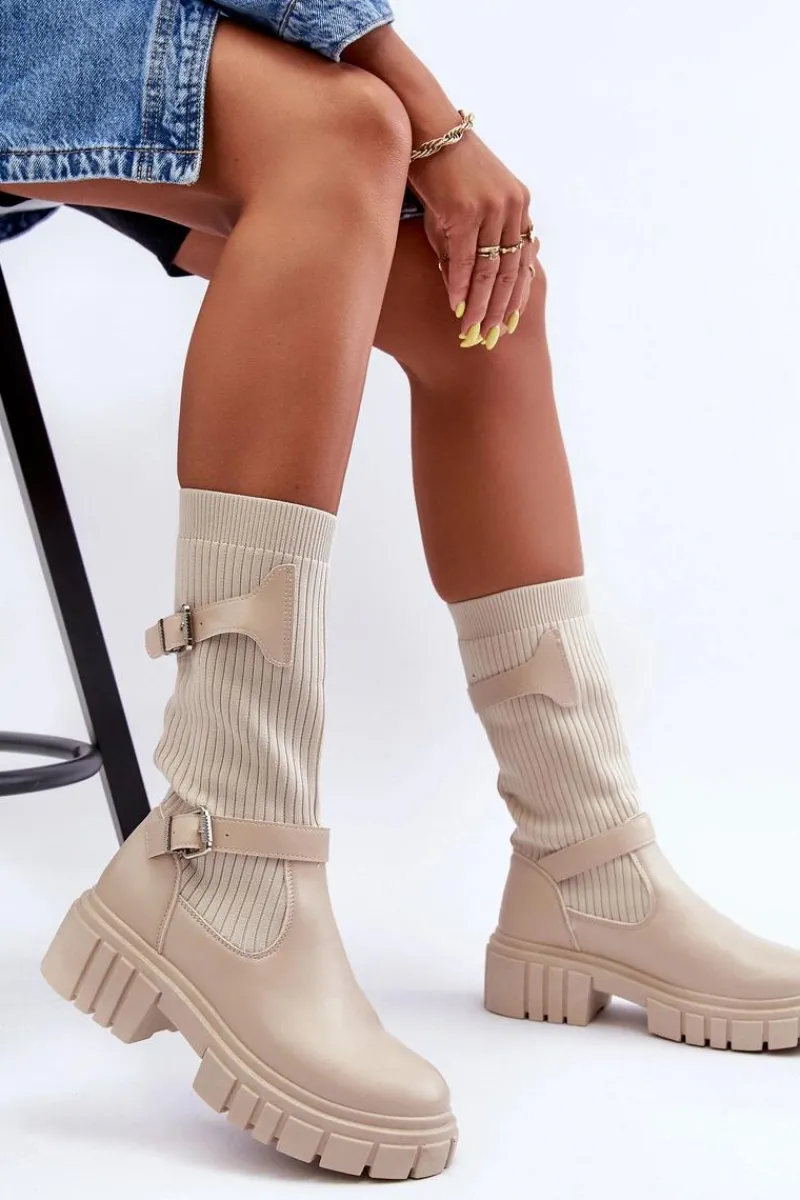 Kozaki Wiosenne|Kozaki Płaskie>Boto Damskie Kozaki Ze Skarpetą Beżowe Abroze