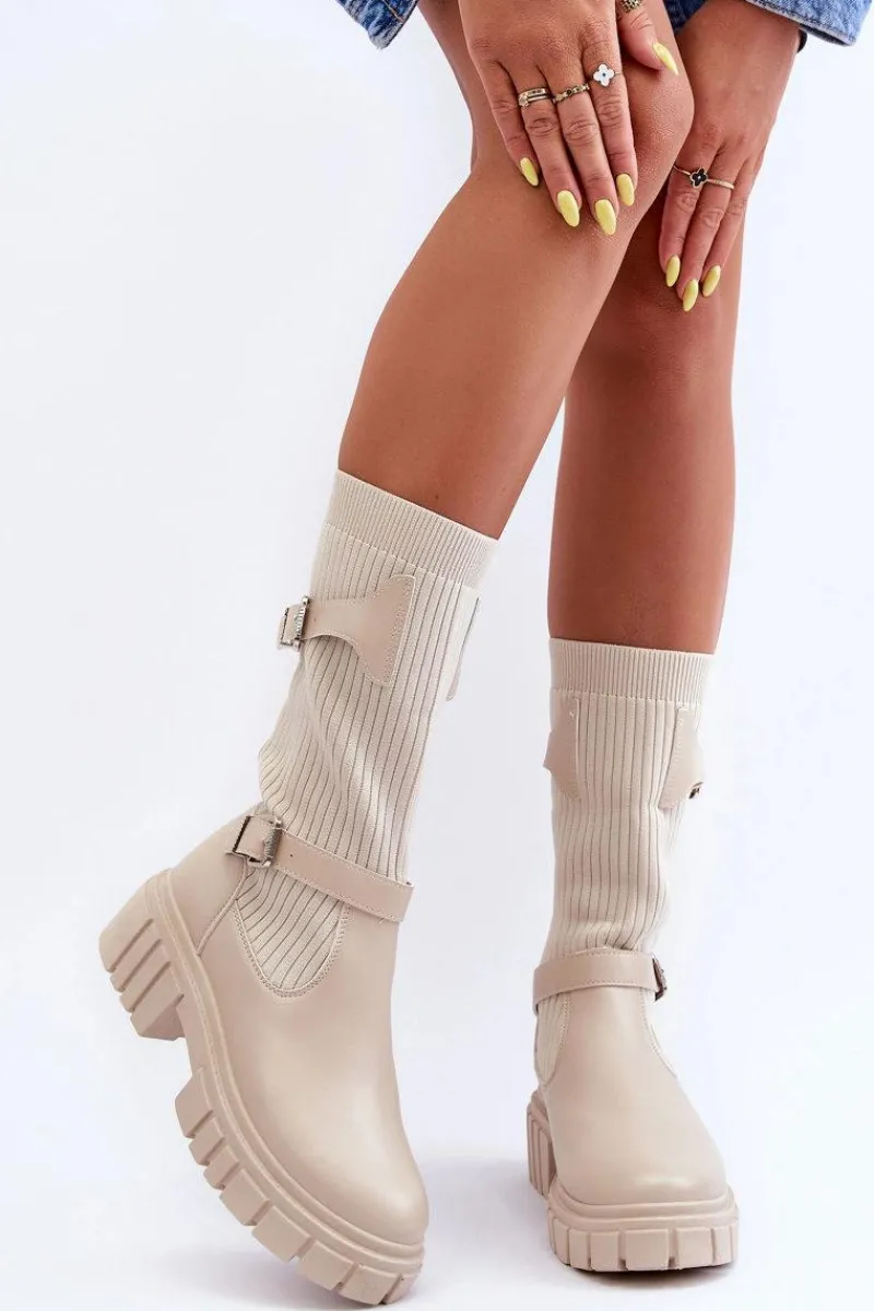 Kozaki Wiosenne|Kozaki Płaskie>Boto Damskie Kozaki Ze Skarpetą Beżowe Abroze