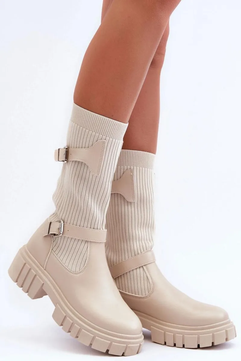 Kozaki Wiosenne|Kozaki Płaskie>Boto Damskie Kozaki Ze Skarpetą Beżowe Abroze