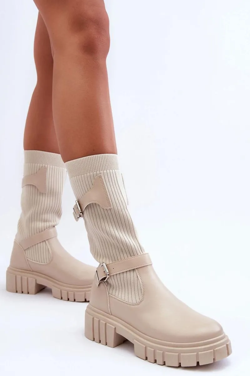 Kozaki Wiosenne|Kozaki Płaskie>Boto Damskie Kozaki Ze Skarpetą Beżowe Abroze