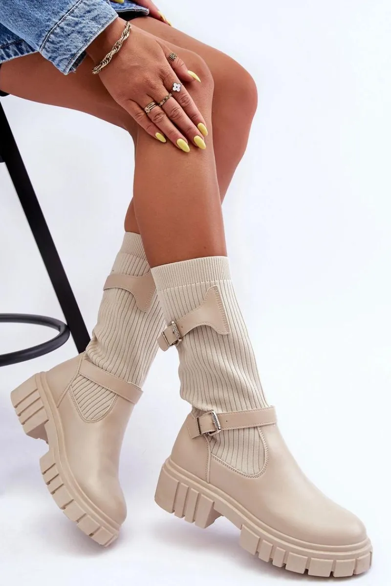 Kozaki Wiosenne|Kozaki Płaskie>Boto Damskie Kozaki Ze Skarpetą Beżowe Abroze