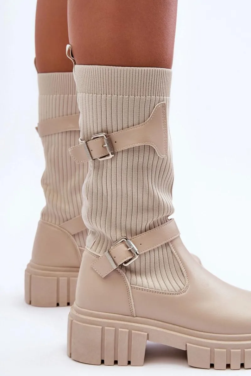 Kozaki Wiosenne|Kozaki Płaskie>Boto Damskie Kozaki Ze Skarpetą Beżowe Abroze