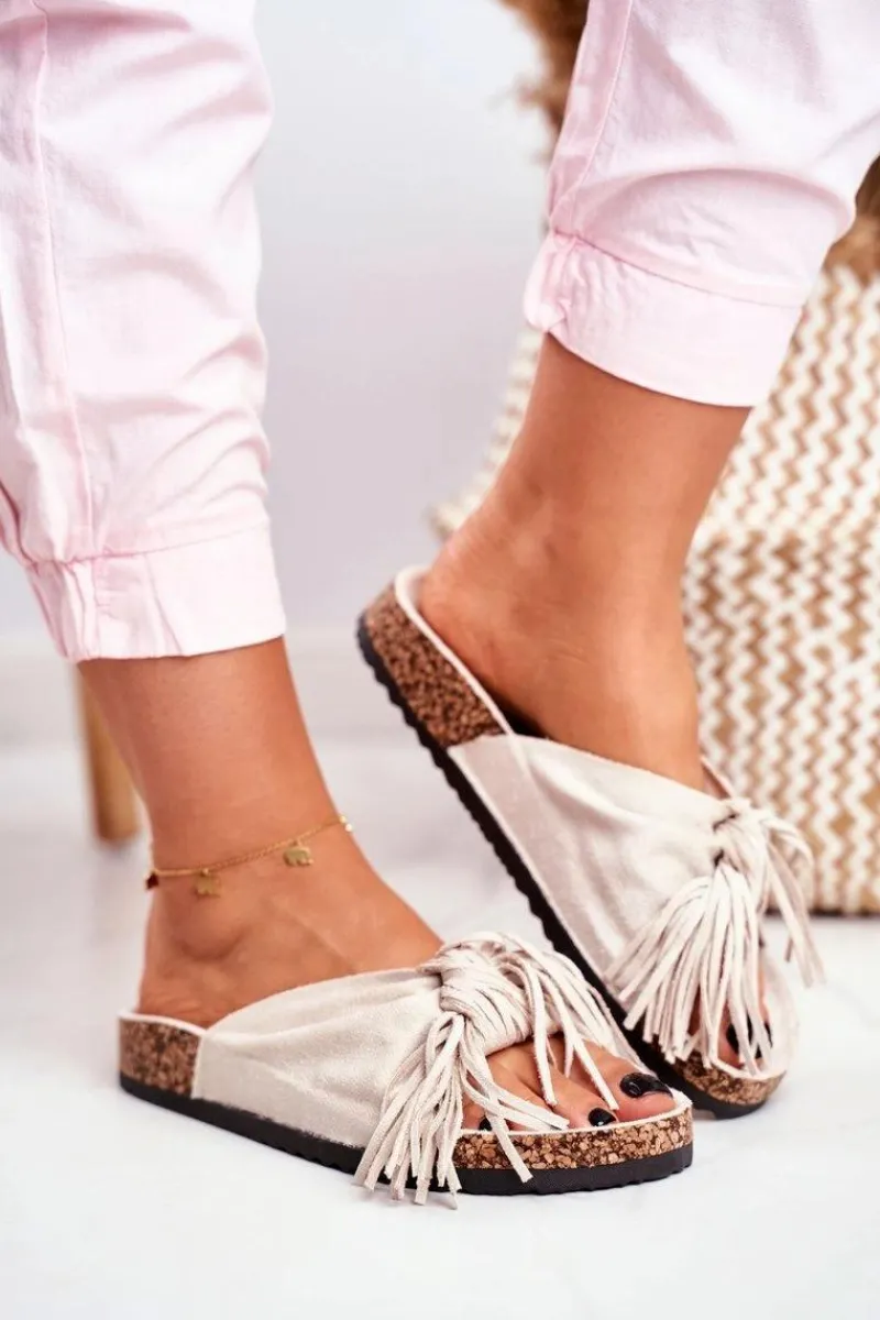 Boto Damskie Kremowe Klapki Na Korku Frędzle Marina