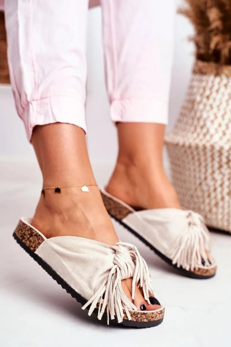 Boto Damskie Kremowe Klapki Na Korku Frędzle Marina