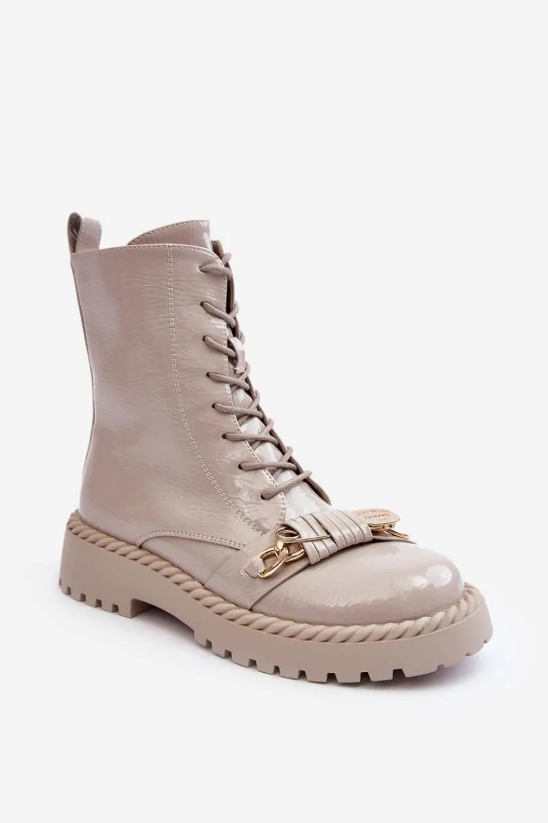 Sale Damskie Lakierowane Botki Workery Z Ozdobą D&A MR870-67 Jasnoszare Damskie Botki Ocieplane|Botki Sznurowane