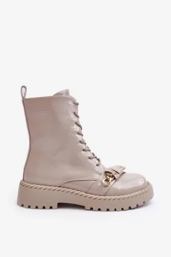 Sale Damskie Lakierowane Botki Workery Z Ozdobą D&A MR870-67 Jasnoszare Damskie Botki Ocieplane|Botki Sznurowane