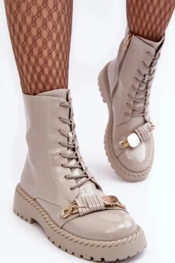 Sale Damskie Lakierowane Botki Workery Z Ozdobą D&A MR870-67 Jasnoszare Damskie Botki Ocieplane|Botki Sznurowane