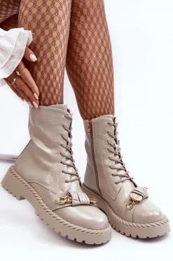 Sale Damskie Lakierowane Botki Workery Z Ozdobą D&A MR870-67 Jasnoszare Damskie Botki Ocieplane|Botki Sznurowane