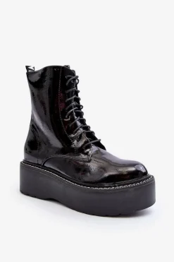 Clearance Damskie Lakierowane Botki Na Grubej Podeszwie Czarne Movana Damskie Botki Sznurowane|Botki Płaskie