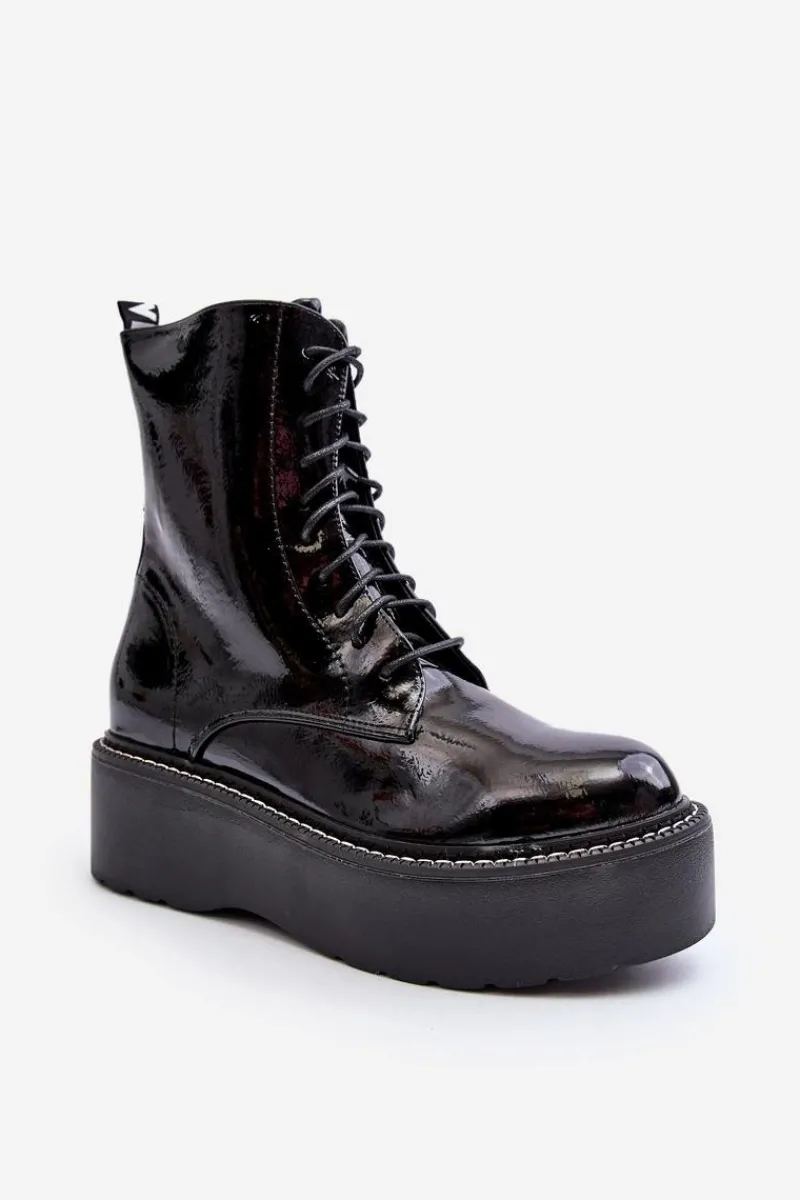 Clearance Damskie Lakierowane Botki Na Grubej Podeszwie Czarne Movana Damskie Botki Sznurowane|Botki Płaskie