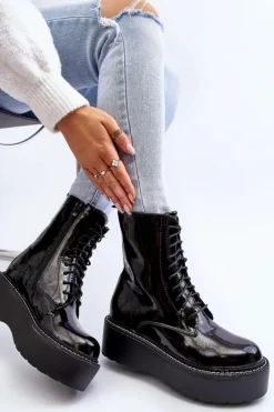 Clearance Damskie Lakierowane Botki Na Grubej Podeszwie Czarne Movana Damskie Botki Sznurowane|Botki Płaskie