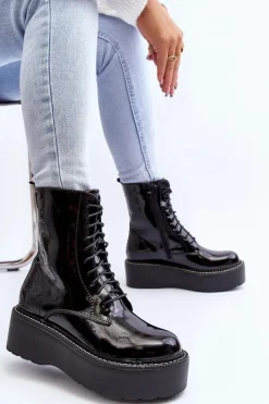 Clearance Damskie Lakierowane Botki Na Grubej Podeszwie Czarne Movana Damskie Botki Sznurowane|Botki Płaskie