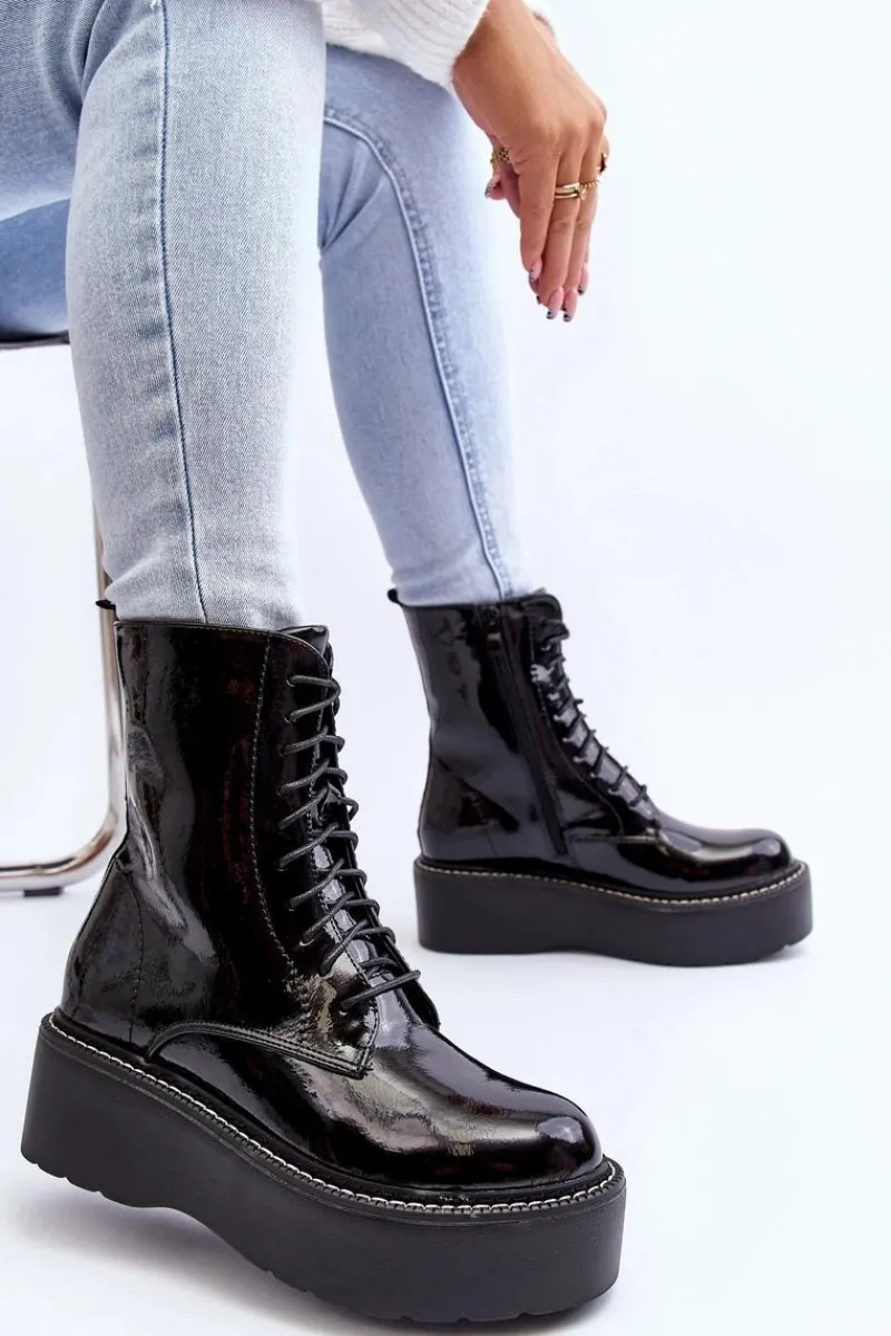 Clearance Damskie Lakierowane Botki Na Grubej Podeszwie Czarne Movana Damskie Botki Sznurowane|Botki Płaskie