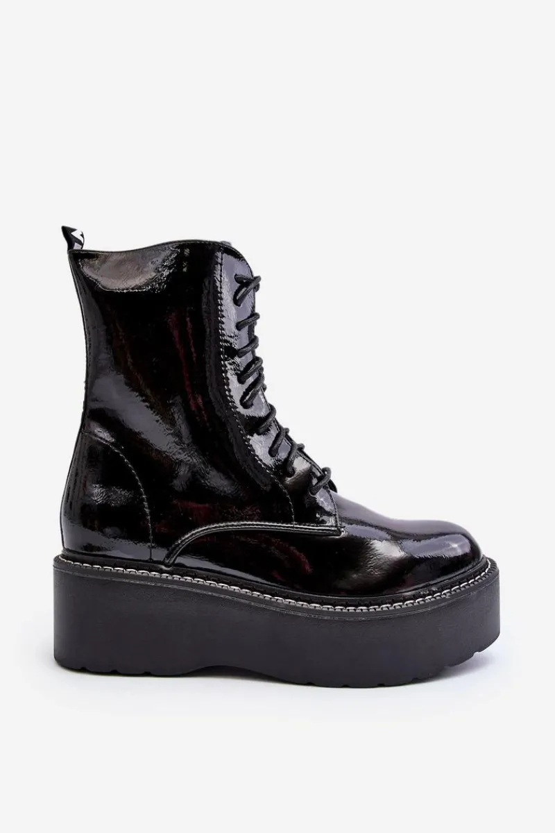 Clearance Damskie Lakierowane Botki Na Grubej Podeszwie Czarne Movana Damskie Botki Sznurowane|Botki Płaskie