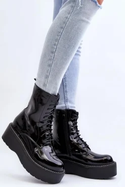 Clearance Damskie Lakierowane Botki Na Grubej Podeszwie Czarne Movana Damskie Botki Sznurowane|Botki Płaskie