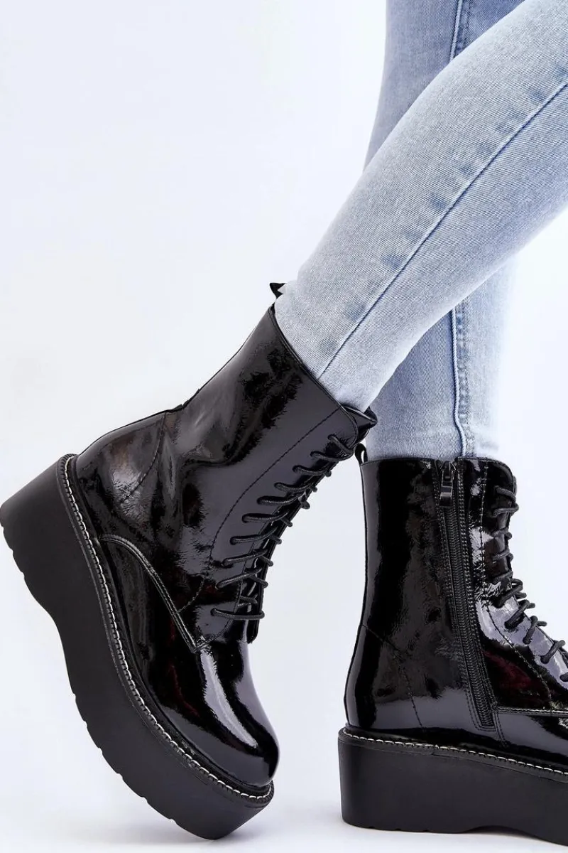 Clearance Damskie Lakierowane Botki Na Grubej Podeszwie Czarne Movana Damskie Botki Sznurowane|Botki Płaskie