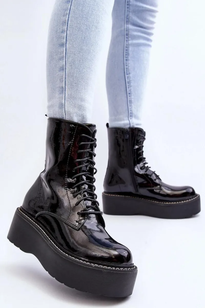 Clearance Damskie Lakierowane Botki Na Grubej Podeszwie Czarne Movana Damskie Botki Sznurowane|Botki Płaskie