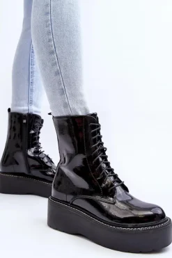 Clearance Damskie Lakierowane Botki Na Grubej Podeszwie Czarne Movana Damskie Botki Sznurowane|Botki Płaskie