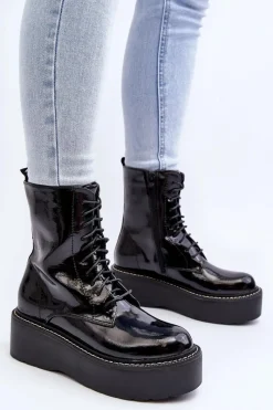 Clearance Damskie Lakierowane Botki Na Grubej Podeszwie Czarne Movana Damskie Botki Sznurowane|Botki Płaskie