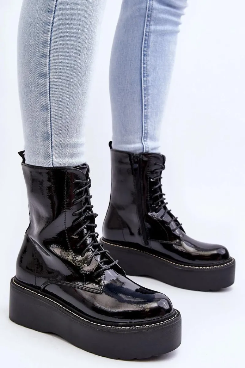 Clearance Damskie Lakierowane Botki Na Grubej Podeszwie Czarne Movana Damskie Botki Sznurowane|Botki Płaskie