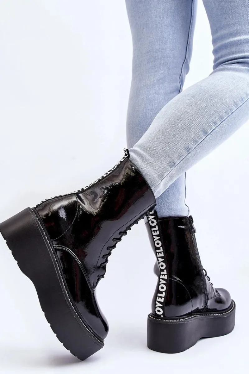 Clearance Damskie Lakierowane Botki Na Grubej Podeszwie Czarne Movana Damskie Botki Sznurowane|Botki Płaskie