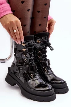 Botki Sznurowane|Czarne Botki>Boto Damskie Lakierowane Botki Workery Na Platformie Czarne Nahili