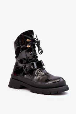 Botki Sznurowane|Czarne Botki>Boto Damskie Lakierowane Botki Workery Na Platformie Czarne Nahili