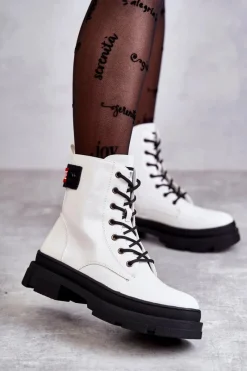 Hot Damskie Lakierowane Botki Workery Sznurowane Białe Conny Damskie Botki Sznurowane|Botki Zimowe Damskie